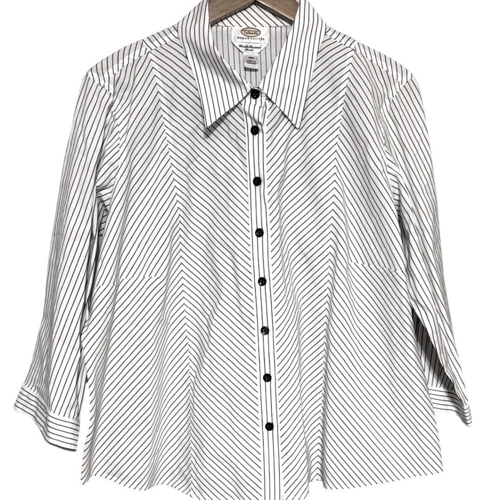 Talbots Petites Striped Button Down 16 W Wrinkle Resistant White Blouse NWT $78